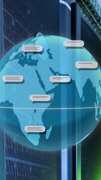Animation of ai data processing over globe with ai icons and servers