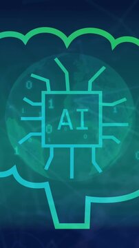 Animation of ai data processing over globe with ai icons