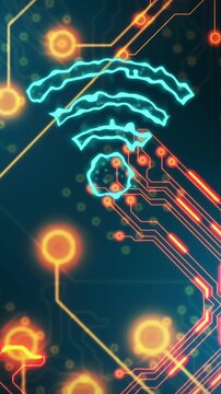 Animation of computer circuit board with data processing and digital wifi icons