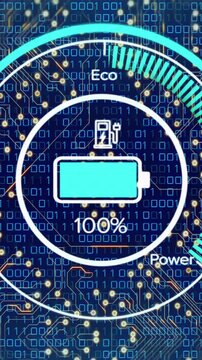 Animation of computer circuit board with data processing and battery icon
