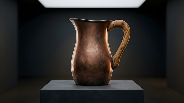 Rustic copper pitcher on a display pedestal in a dark minimalist studio setting.
