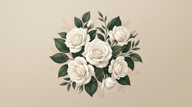 Elegant white rose bouquet illustration with green leaves on a soft beige background