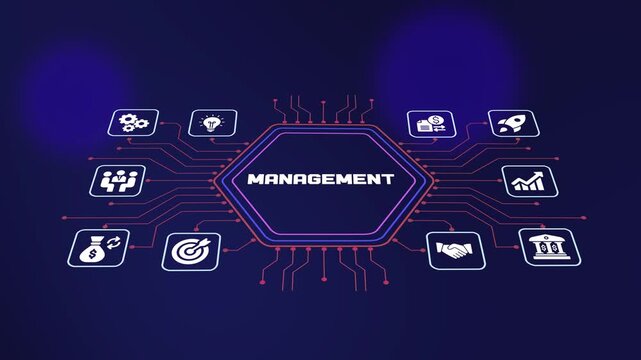 Business Management concept with connected digital systems, leadership strategy, enterprise operations, automation, analytics and organizational performance improvement.