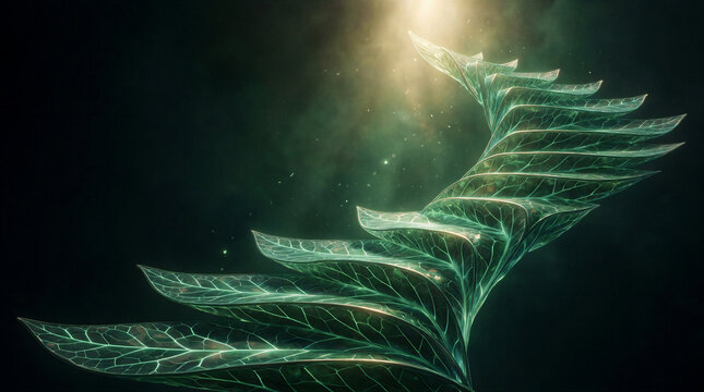Translucent emerald glass spiral staircase formed by overlapping large leaves in a dark void