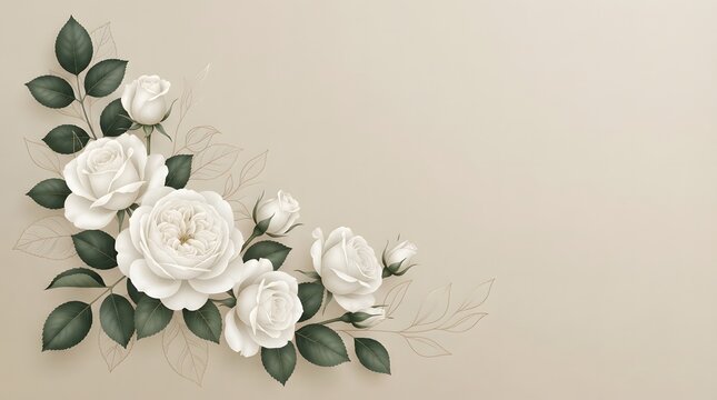 White rose floral corner arrangement on a soft beige background for wedding invitation design