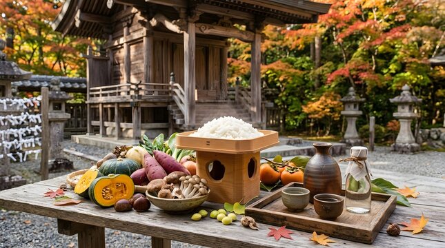 Autumn harvest food offering at a traditional Japanese shrine with seasonal vegetables.