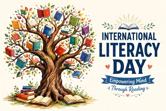 Conceptual tree of knowledge made of many colorful books representing international literacy day and education growth