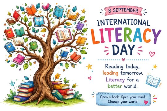 Conceptual tree of knowledge made of many colorful books representing international literacy day and education growth