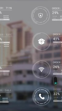 Animation of icons with data processing over cityscape