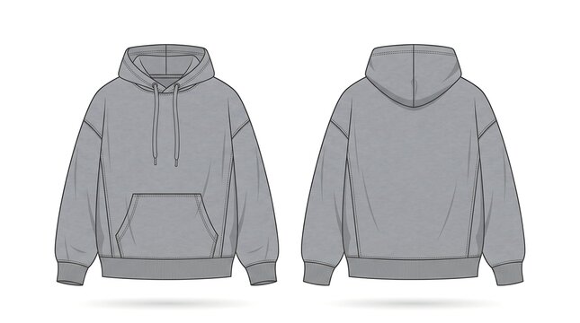 Grey Oversized Hoodie Flat Sketch Template Front and Back View for Fashion Design Technical Specification