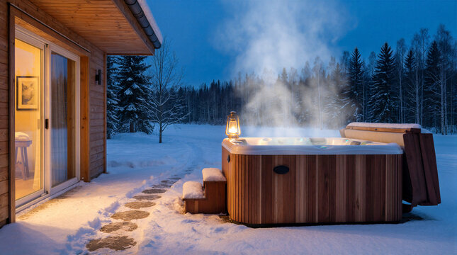 Cedar hot tub steaming on a snowy outdoor deck during a winter evening