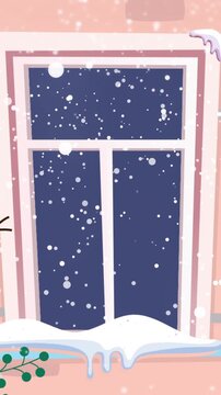 Animation of snow falling over window with snowman