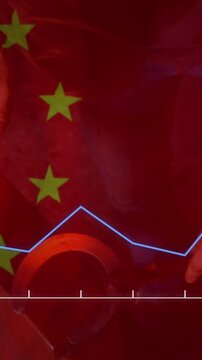 Animation of financial data processing, flag of china over worker in factory