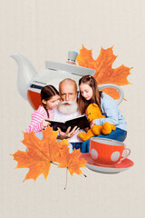 Fototapeta premium Image trendy 3d vertical artwork collage of two happy sisters granddaughter sit old man grandfather read book autumn leaves teapot