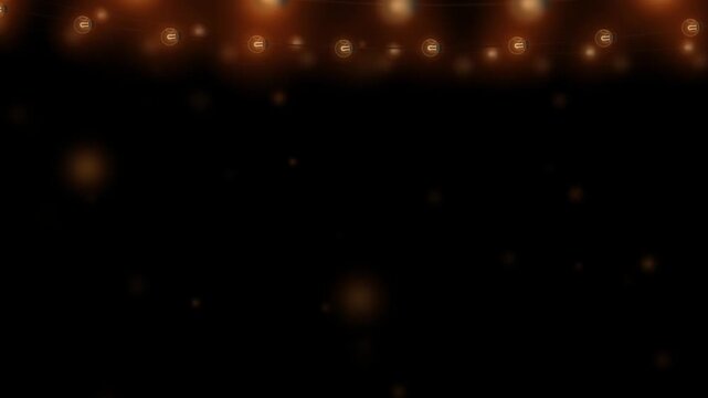 Glowing warm golden string lights hanging over dark background with floating soft bokeh particles with captures horizontal string particles drifting slowly glowing bulbs suspended