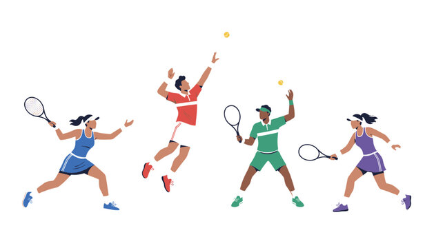 Athletic tennis players in dynamic action poses hitting forehands and backhands on a clean white background.