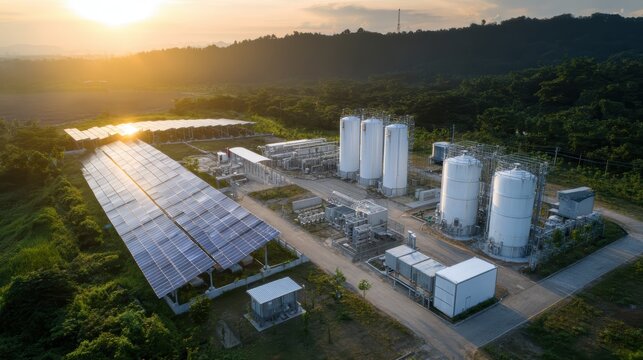 Integrated green hydrogen production facility powered by solar energy at sunset, combining renewable electricity and storage infrastructure to support clean industry and the global energy transition