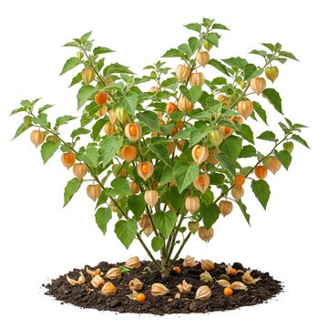 Cape gooseberry bush with ripe orange berries growing in soil