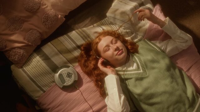 Portrait of Caucasian teenage girl lying on bed, listening to music on retro CD player with headphones, smiling. Ideal for nostalgic youth lifestyle campaigns or retro technology advertisements