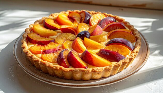 Freshly Baked Fruit Tart with Sliced Peaches and Plums.