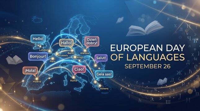European day of languages promotional poster with multilingual text and colorful