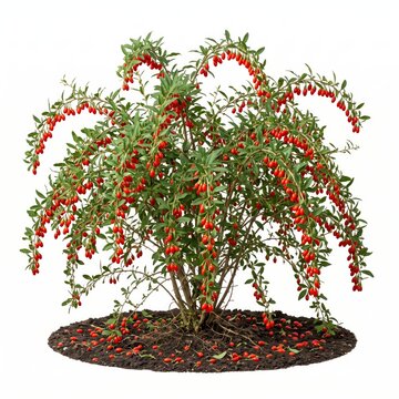 Boxthorn bush with ripe red goji berries on white background