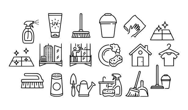 Thin Line Cleaning and Household Maintenance Icon Set with Broom Bucket and Hygiene Tools
