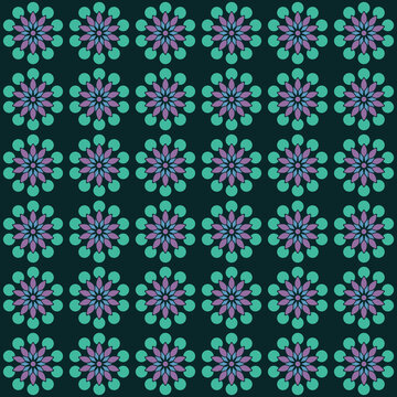Seamless flower pattern with scalloped halo in purple and teal