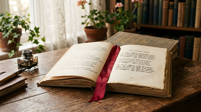 An open old book with a red ribbon bookmark resting on a wooden table in a cozy room