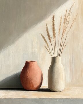 Minimalist still life painting of two vases with dried pampas grass on a shelf in neutral beige and terracotta tones, soft sunlight