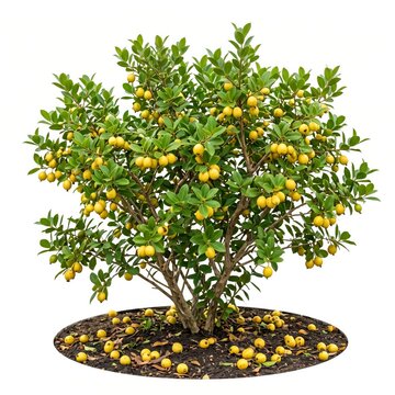 Lemon guava bush with ripe yellow fruits on white background