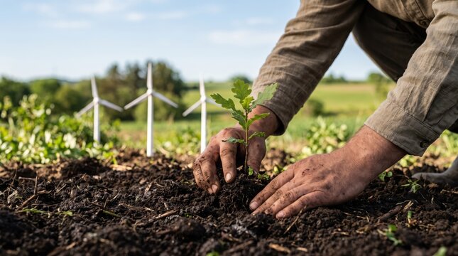Hands planting a young tree sapling in fertile soil with wind turbines in the, symbolizing renewable energy, sustainability, reforestation, and environmental conservation efforts