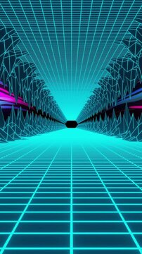 Animation of video game screen with neon metaverse patten on black background