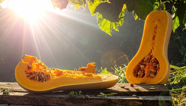 Freshly Sliced Butternut Squash in Sunlight on Wooden Surface.