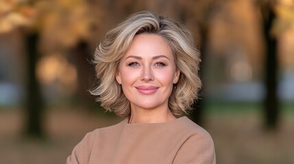 Obraz premium Smiling Woman in Autumn Park