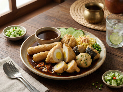 Indonesian Pempek Palembang Fish Cake Platter Served with Rich Cuko Sauce, Boiled Egg, Noodles, and Diced Cucumber on Rustic Table