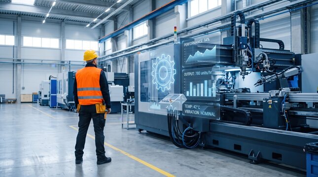 Industrial worker in safety vest monitoring smart manufacturing machine with augmented reality display showing performance graphs and output data, industry 4.0 automation