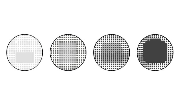 Set of four circular icons featuring abstract grey square pixel patterns with varying density and configurations.