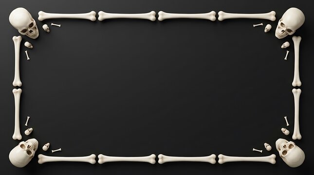 Human skeleton frame illustration with skulls at corners