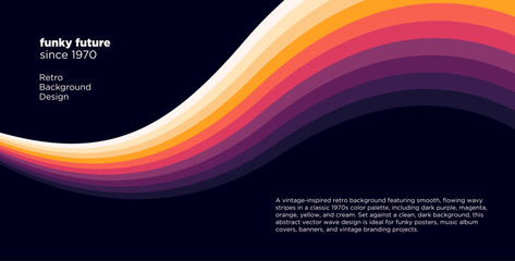 Plakat Retro 70s wavy lines background with colorful flowing stripes on dark background. Vector illustration.