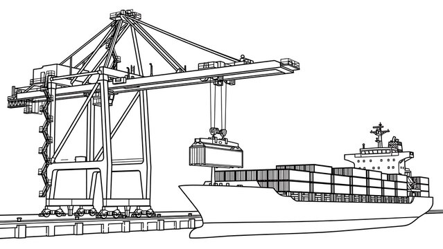 Cargo ship and crane loading containers white background.