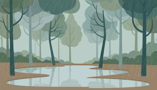 Heavy rain falling over a dense forest landscape with a large water puddle reflecting the gloomy tall green trees.