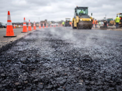 Freshly paved road under construction with traffic cones