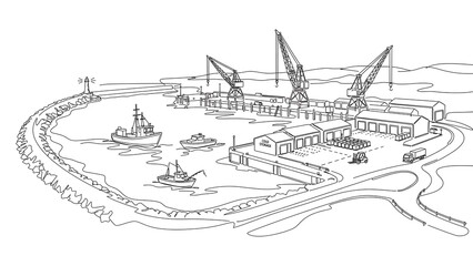 Fototapeta premium Detailed harbor scene illustration white background.