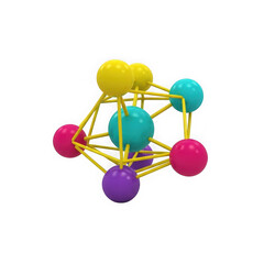 Obraz premium Colorful 3d molecule model with connected spheres and yellow lines representing chemical bonds isolated on transparent background , PNG
