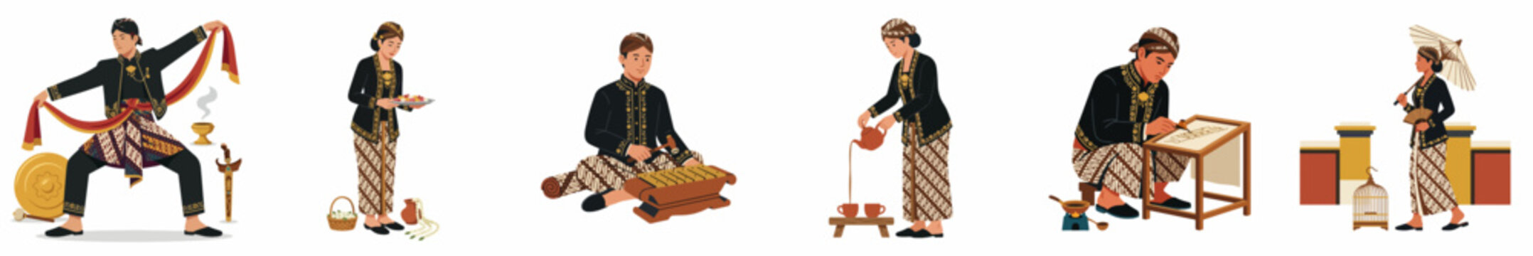 Collection of six Javanese characters in traditional clothing performing cultural tasks including batik making, dancing, and serving tea on a white background.