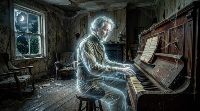 Ghostly elderly pianist playing an antique piano in a decaying haunted house under moonlight, evoking Halloween, mystery, nostalgia, and supernatural atmosphere.