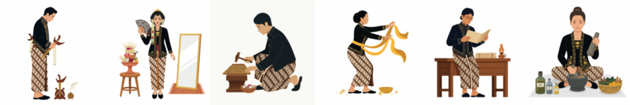 Set of illustrations depicting people in traditional Javanese attire performing various cultural activities including crafting, herbal medicine making, and traditional dressing.