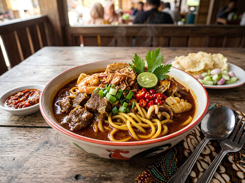 Indonesian Mie Aceh Spicy Curry Noodle Soup Served with Beef, Seafood, Lime, Emping Crackers, and Pickled Cucumber in Rooster Bowl