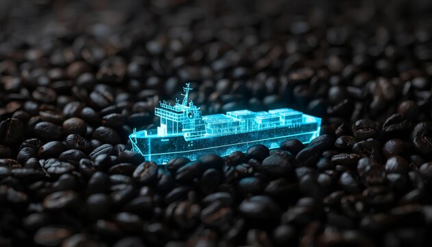 Conceptual 3D render of a glowing cyan holographic cargo ship sailing on a dark macro sea of roasted coffee beans, global logistics and commodity trade concept